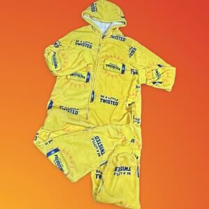 Twisted Tea Adult Union Suit Pajamas Medium Large Yellow Hood Men Women Jumpsuit